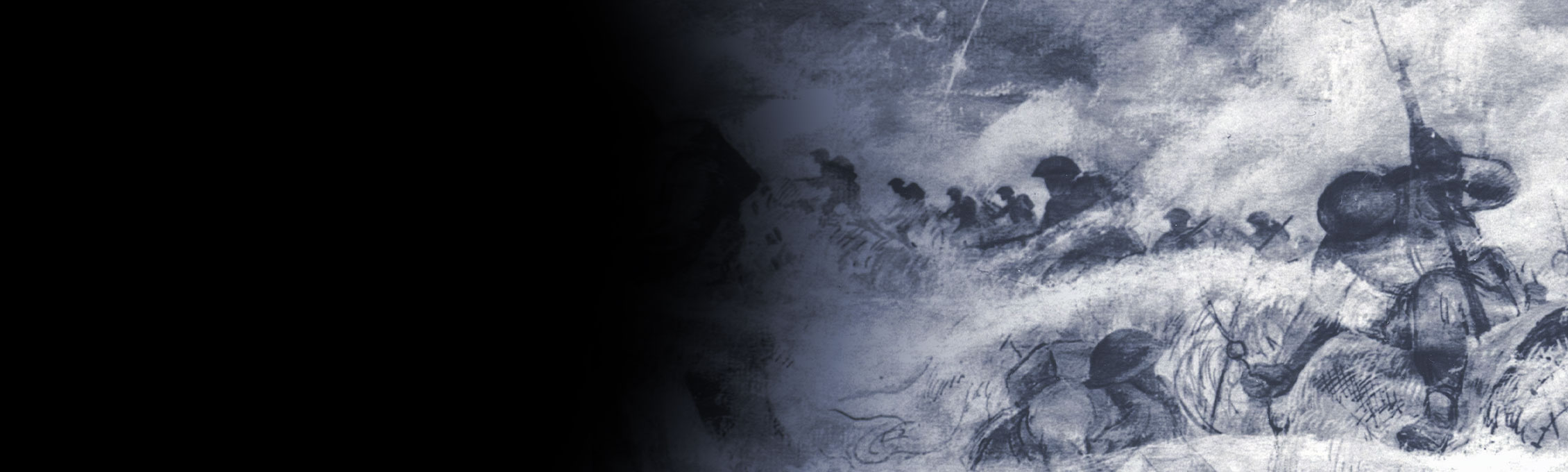 Illustration représentant des soldats progressant dans la fumée et sur un champ de bataille.