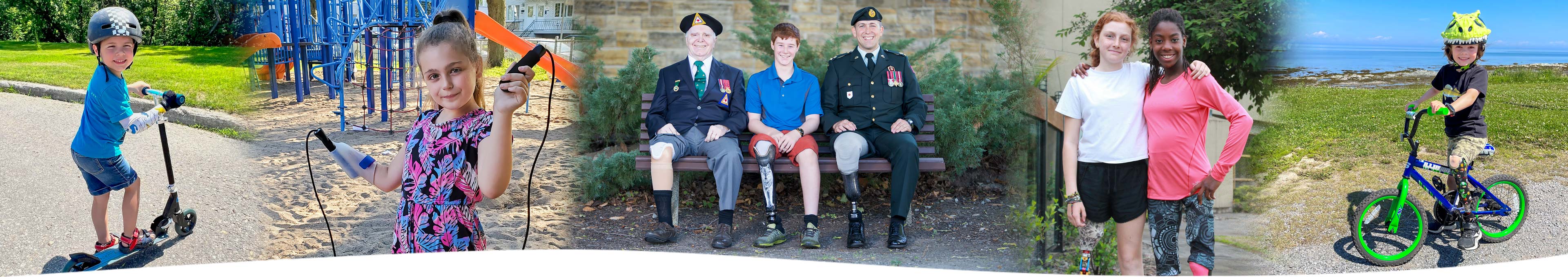 A collection of images showing amputees of all ages playing sports or doing activities, as well as a photo of two war amputee veterans.