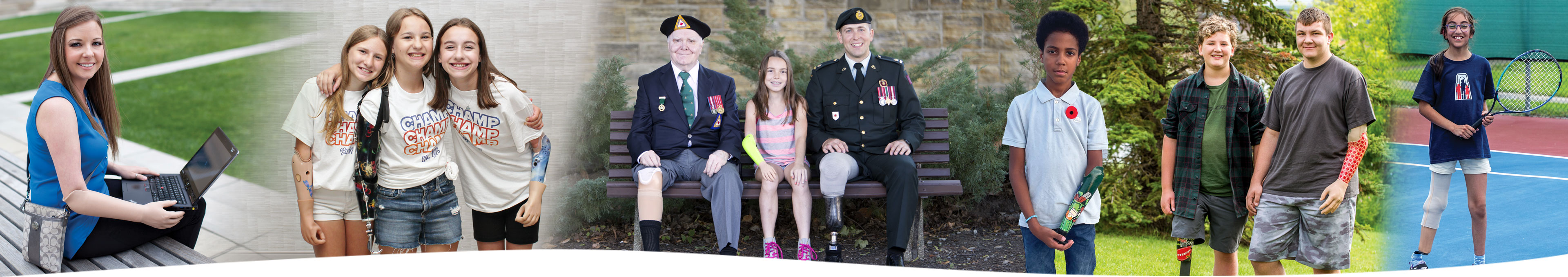 A collection of images showing amputees of all ages playing sports or doing activities, as well as a photo of two war amputee veterans.