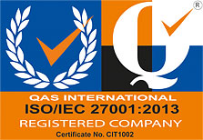 The logo for QAS International's ISO/IEC 27001:2013 certification