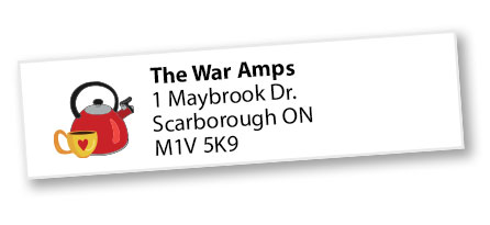 Address label design featuring a red kettle and a small yellow teacup.
