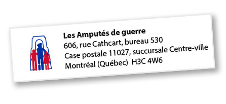 Une étiquette-adresse portant le logo de l'Association des Amputés de guerre.