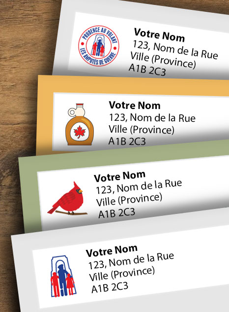 Un assortiment des différents modèles d’étiquettes-adresse que nous offrons.